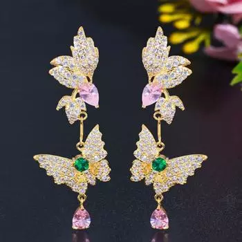 WWJ Прекрасные серьги-подвески с цирконом золотого цвета в форме бабочки разноцветный