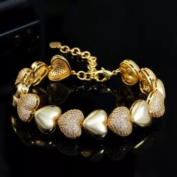 WWJ Роскошные 585 желтого золотого цвета в форме сердца с цирконием, регулируемые браслеты-цепочки золотой