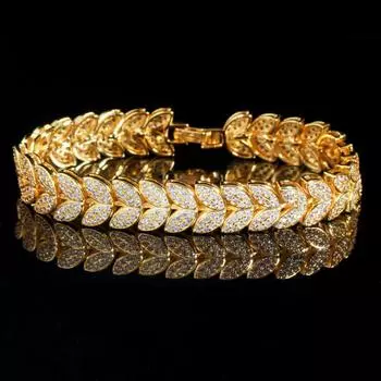 WWJ Роскошный браслет AAA с кубическим цирконием желтого и золотого цвета в форме листа золотой/жёлтый
