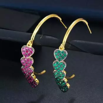 WWJ Серьги-кольца розового, красного, зеленого цвета с цирконием в форме сердца в форме сердца золотого цвета розы красного