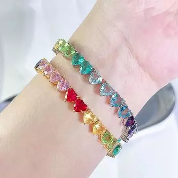 WWJ Современный стиль полупрозрачный радужный цвет любовь сердце форма фианитовый теннисный браслет женские украшения для вечеринок аксессуары золотой