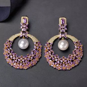 WWJ супер роскошные серьги с кубическим цирконием, изысканные украшения из искусственного жемчуга, большие серьги-капли для женщин фиолетовый/аметист