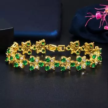 WWJ Свадебные ювелирные изделия золотого цвета в форме листа вишни Браслеты с кубическим цирконием белый