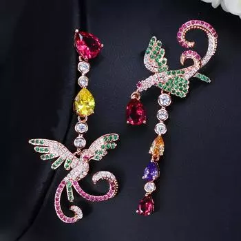 WWJ Уникальные разноцветные красные и зеленые длинные серьги-подвески с фианитами для женщин с изображением Феникса разноцветный