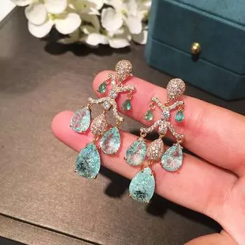 WWJ Уникальные серьги с кисточкой и кубическим цирконием в виде ледяных цветов светло-зеленый