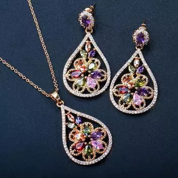 WWJ Винтаж Желтый Золотой Цвет Цветок Многоцветный Цирконий Серьги Ожерелье Набор жёлтый/золотой