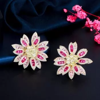 WWJ Высокое качество банкетные украшения с цирконием, серьги-гвоздики золотого цвета с подсолнечником