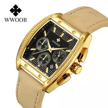 WWOOR Модные квадратные мужские часы с ремнем Кварцевый механизм Премиум водонепроницаемые мужские часы