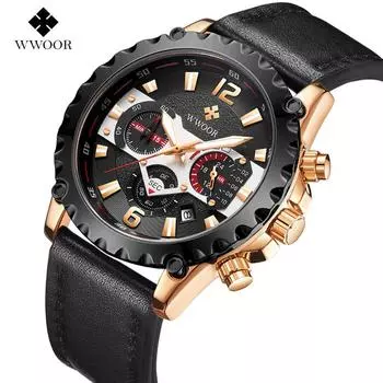 WWOOR Мужские часы с кожаным ремешком, повседневные деловые мужские часы, водонепроницаемые модные кварцевые мужские часы