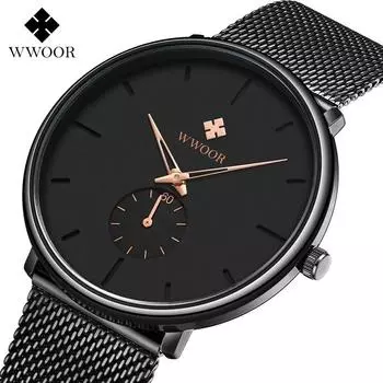 WWOOR Мужские водонепроницаемые кварцевые часы с сетчатым ремешком Модные часы в простом стиле