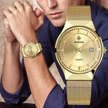 WWOOR Watch Men Luxury Ultra-thin Casual Mens Watch Blue Waterproof Stainless Steel Quartz Auto Date Fashion Men Watches синий/серебряный