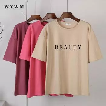 WYWM 2022 Новая футболка с буквенным принтом, женские летние базовые свободные футболки с короткими рукавами, простые женские топы большого размера из 100% хлопка