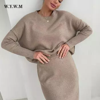 WYWM элегантные мягкие женские костюмы, новинка 2022 года, винтажный свитер с круглым вырезом и платье миди, женские комплекты из 2 предметов, вязаный спортивный костюм, женский