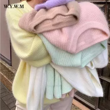 WYWM базовые вязаные кашемировые свитера цвета хаки для женщин, новинка 2021 года, зимние свободные однотонные женские пуловеры, теплый повседневный трикотаж, джемпер