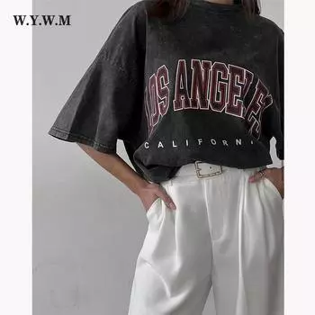 WYWM футболки с буквенным принтом женские летние стираные кислотой мягкие базовые уличные футболки винтажные готические топы с короткими рукавами для девочек повседневные топы люксового бренда