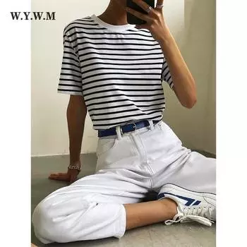 WYWM Hirsionsan 100% хлопок Harajuku летняя повседневная полосатая футболка женская свободная базовая футболка с короткими рукавами женские топы с вышивкой 2023