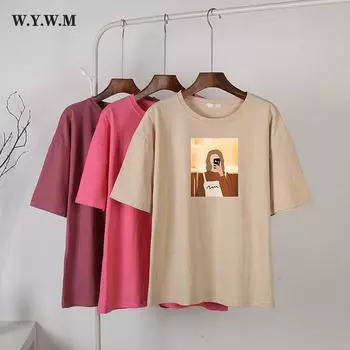 WYWM корейские графические футболки женские летние повседневные свободные футболки с круглым вырезом с короткими рукавами женские винтажные топы из 100% хлопка с принтом