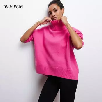 WYWM модный кашемировый вязаный пуловер с воротником-стойкой, женский свитер на осень-зиму, теплый однотонный базовый свитер, женский толстый джемпер