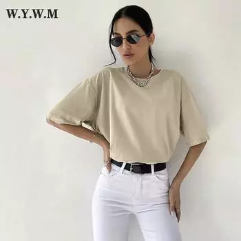 WYWM повседневные хлопковые футболки с короткими рукавами и круглым вырезом, женские однотонные модные простые футболки большого размера, женские свободные винтажные уличные топы