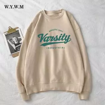 WYWM Простая толстовка с буквенным принтом, женская осень 2023, повседневные свободные базовые толстовки с длинными рукавами, женская одежда, корейский шикарный универсальный пуловер с круглым вырезом