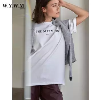 WYWM Простые свободные футболки женские летние повседневные футболки с круглым вырезом и короткими рукавами женские 2023 большие хлопковые топы с буквенным принтом