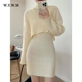WYWM свободные тонкие платья-свитеры с v-образным вырезом, женские винтажные однотонные вязаные пуловеры с длинными рукавами, женские осенне-зимние элегантные базовые комплекты из 2 предметов