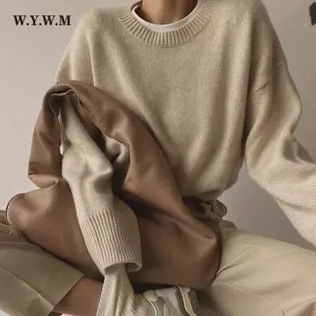 WYWM толстые трикотажные костюмы женские зимние мягкие свитера с круглым вырезом 2 предмета кашемировые женские комплекты широкие брюки мягкий спортивный костюм