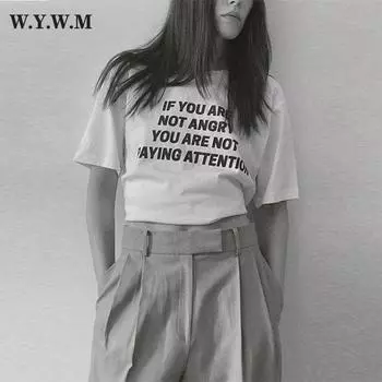 WYWM винтажные футболки с буквенным рисунком женские летние повседневные футболки с круглым вырезом и принтом женские свободные хлопковые белые топы с короткими рукавами