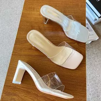 X281-1 sandals women s summer silver versatile outer slippers comfortable and simple temperament crystal thick heel transparent high heels 35 абрикосовый