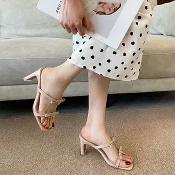 X281-5 French beautiful sandals women s 2025 new outer wear rhinestone bow thick heel high heels black women 35 абрикосовый
