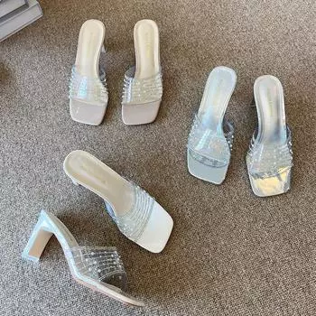 X281-8 French niche pointed rhinestone high-heeled slippers women s thin-heeled socialite silver word with transparent sandals 35 абрикосовый