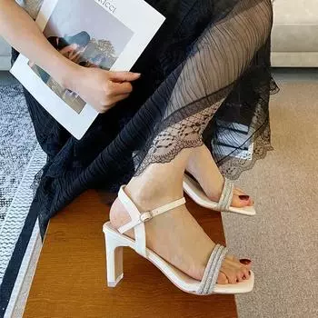 X282-5 rhinestone sandals women s 2025 summer new fashion low-heeled sandals outer wear premium skirt sandals women 35 чёрный