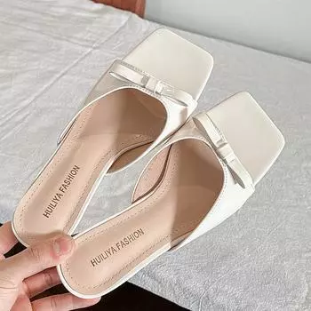 X775-1 Women s one-word slippers for outer wear 2025 summer new square head open-toed bow versatile high-heeled sandals women 35 чёрный