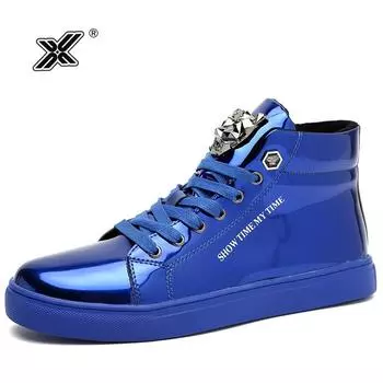 X Brand Fashion Autumn Mens Sneakers Big Size 47 Shiny Metal Men Casual Shoes Glitter Red Blue High Top Shoes Men Sneakers 2024 46