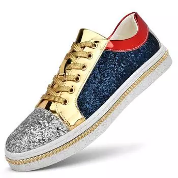 X Brand Fashion Shiny Mirror Shoes Men Casual Sneakers Classic Golden Silver Low Cut Luxury Glitter Sneakers Men Chaussure Homme 36