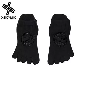 Xexymix Pure Cotton Backless Cross Strap Yoga Socks inside and outside Double-Sided Adhesive Point Pilates Socks Five-Finger Non-Slip Socks Navy blue