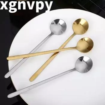 xgnvpy Dessert Spoon Stainless Steel Long Handle Mixing Utensil Korean Style Round Bowl Spoon Home Kitchen Coffee Tool
