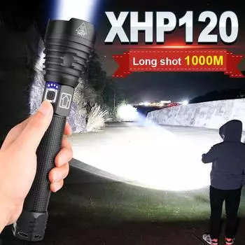 XHP120 светодиодный фонарик высокой мощности, перезаряжаемый фонарик с зумом, водонепроницаемый ручной светильник, уличный фонарь для кемпинга, рыбалки no battery чёрный