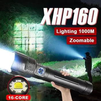XHP160 Фонарик высокой мощности Водонепроницаемый фонарь Перезаряжаемый светодиодный фонарик Уличный рабочий фонарь Кемпинговый фонарь no battery