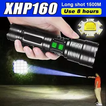 XHP160 Мощный перезаряжаемый светодиодный фонарик 10000 люмен с зарядкой через USB Портативный уличный фонарь no battery чёрный