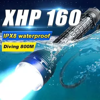 XHP160 Профессиональный фонарик для дайвинга IPX68 Водонепроницаемый светодиодный фонарь белого света Подводный фонарь 800 м without battery чёрный