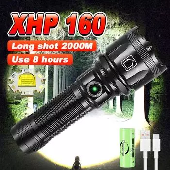 XHP160 светодиодный фонарик высокой мощности, супер яркий фонарик, портативный USB-зарядка, кемпинг, рыбалка, аварийный зум-фонарь no battery чёрный