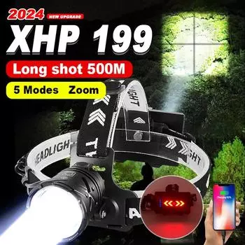 XHP199 перезаряжаемый налобный фонарь высокой мощности, фонарик для рыбалки, водонепроницаемый налобный фонарь, аккумулятор 18650 without battery чёрный