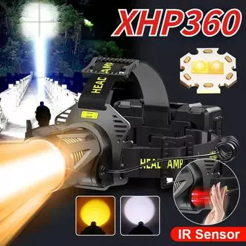 Xhp360 налобный фонарь для рыбалки с датчиком батареи 18650, перезаряжаемый светильник, фара для кемпинга, пешего туризма, светодиодные фонарики, внешний аккумулятор 30W-NO Battery