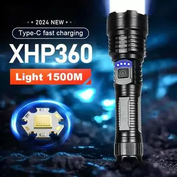 XHP360 Самый мощный светодиодный фонарик USB Перезаряжаемый портативный фонарик Водонепроницаемый уличный светильник для кемпинга no battery чёрный