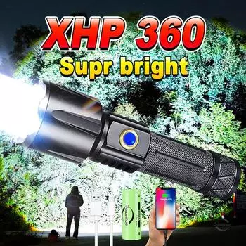 XHP360 светодиодный мощный фонарик с высокой мощностью, перезаряжаемый USB-фонарь, водонепроницаемый, масштабируемый, ручной фонарь для кемпинга, рыбалки и отдыха на природе no battery чёрный