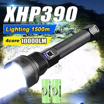 XHP390 Высокомощные светодиодные фонарики 10000LM Перезаряжаемый мощный фонарь Сильный световой фонарь Аварийный светодиодный фонарь чёрный