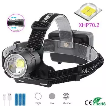 XHP70.2 Мощный светодиодный налобный фонарь 5000LM 3-режимный зум-фара Перезаряжаемый водонепроницаемый налобный фонарь 18650 для кемпинга и охоты