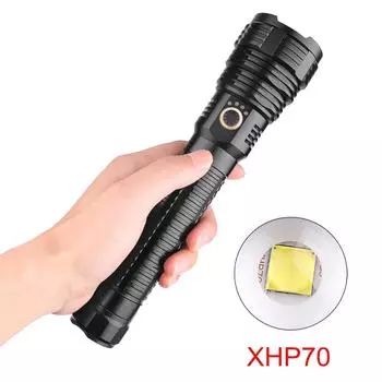 XHP70 Мощный светодиодный фонарик с зарядкой через USB и водонепроницаемым дисплеем для зарядки чёрный