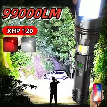 99000LM XHP120 фонарик высокой мощности, новый скрытый дизайн, суперлегкий многофункциональный ручной фонарь, уличный фонарь для кемпинга, рыболовного освещения no battery чёрный